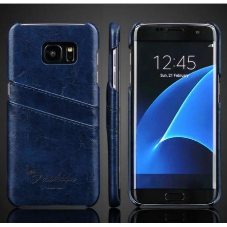 Fashion Oil Wax Grain PU Leather Back Cover Case With Card Slot for Samsung Galaxy S7 Edge - Dark Blue