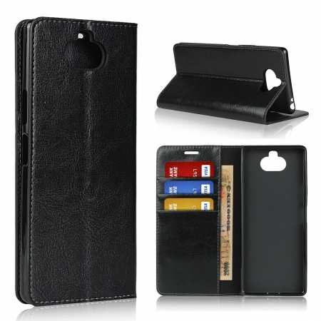 For Sony Xperia 8 - Genuine Leather Case Wallet Stand Flip Cover - Black