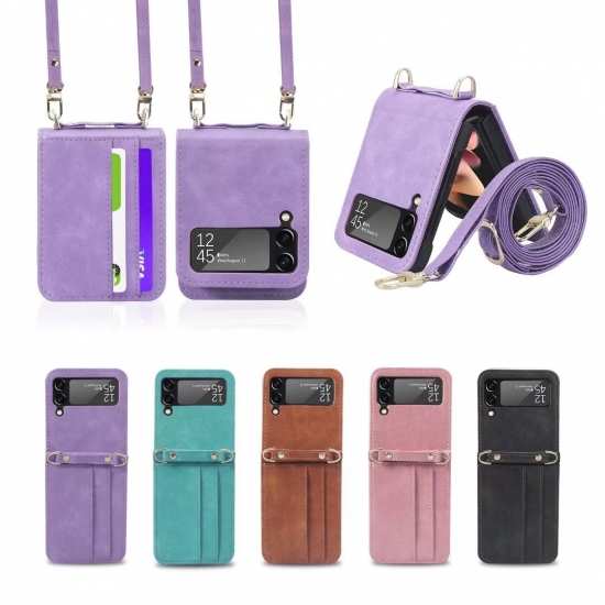 For Samsung Galaxy Z Flip4 3 5G Case With Card Holder Leather Cover Hand Strap