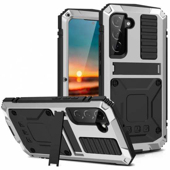 360 Full Metal Aluminum Armor Case For Samsung Galaxy S22 Plus S23 Ultra Silver