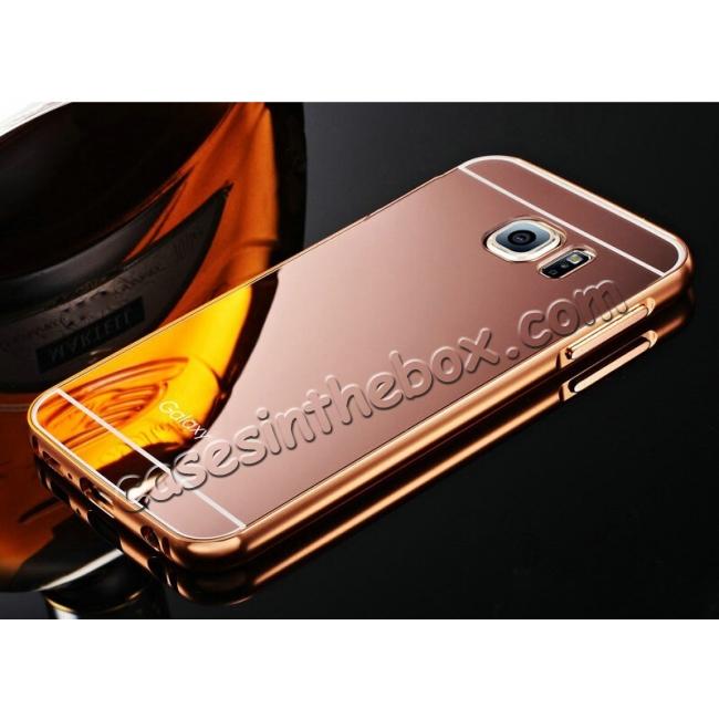 Aluminum Metal Bumper with Mirror Acrylic Plastic Back Cover for Samsung Galaxy S6 - Rose gold