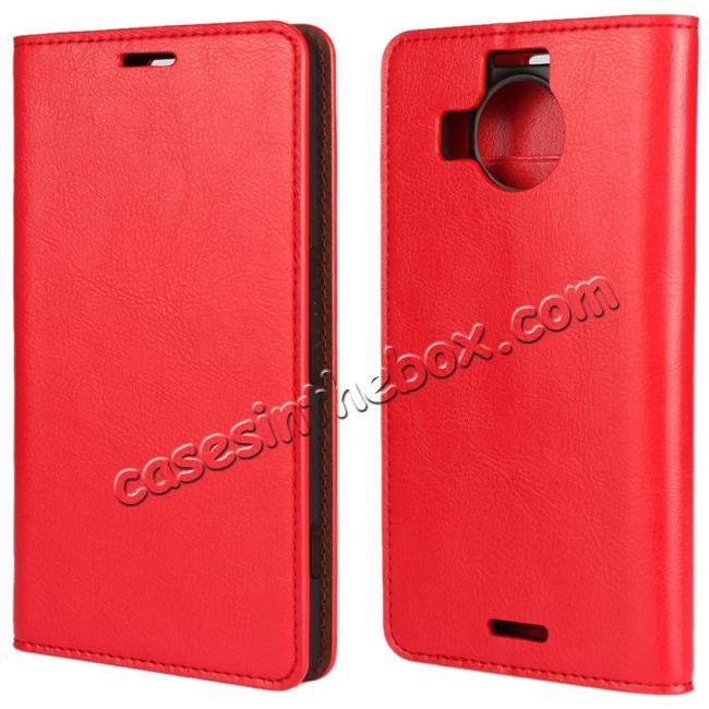 Crazy Horse Genuine Leather Wallet Case for Microsoft Lumia 950XL with Card Slots - Red