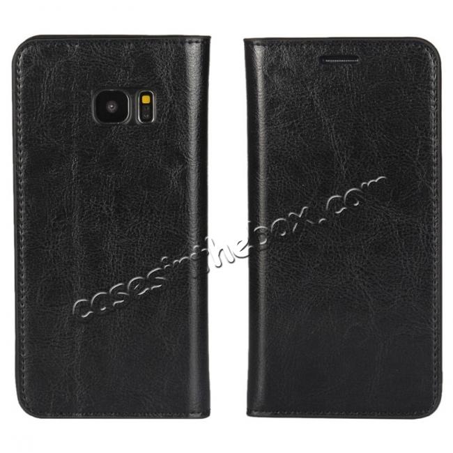 Crazy Horse Genuine Leather Flip Wallet Stand Case for Samsung Galaxy S7 Edge G935 with Card Slots - Black