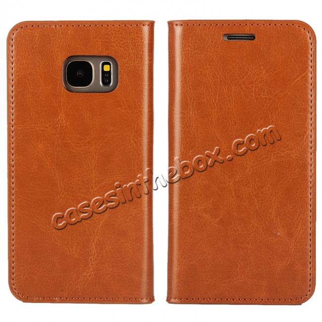 Crazy Horse Genuine Leather Wallet Stand Case for Samsung Galaxy S7 G930 with Card hoders - Brown