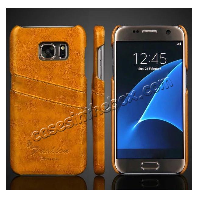 Oil Wax Leather Credit Card Holder Back Shell Case Cover for Samsung Galaxy S7 G930 - Yellow