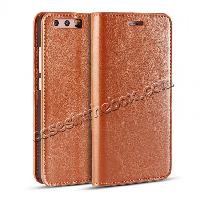 Crazy Horse Genuine Leather Flip Wallet Case for Huawei P10 Plus - Brown