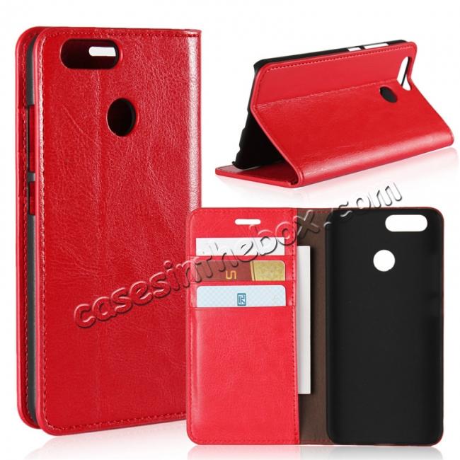 Crazy Horse Genuine Leather Flip Wallet Case Stand For Huawei Nova 2 - Red