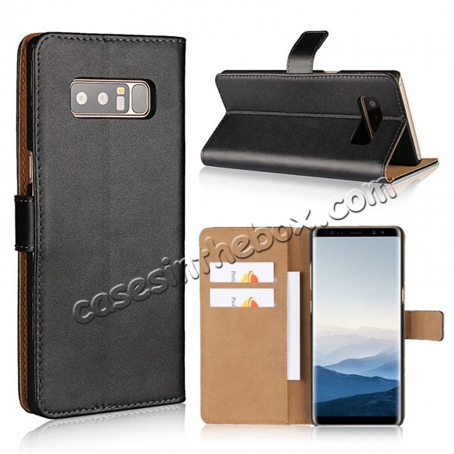 Luxury Genuine Leather Magnetic Flip Wallet Case Stand Cover For Samsung Galaxy Note 8 - Black