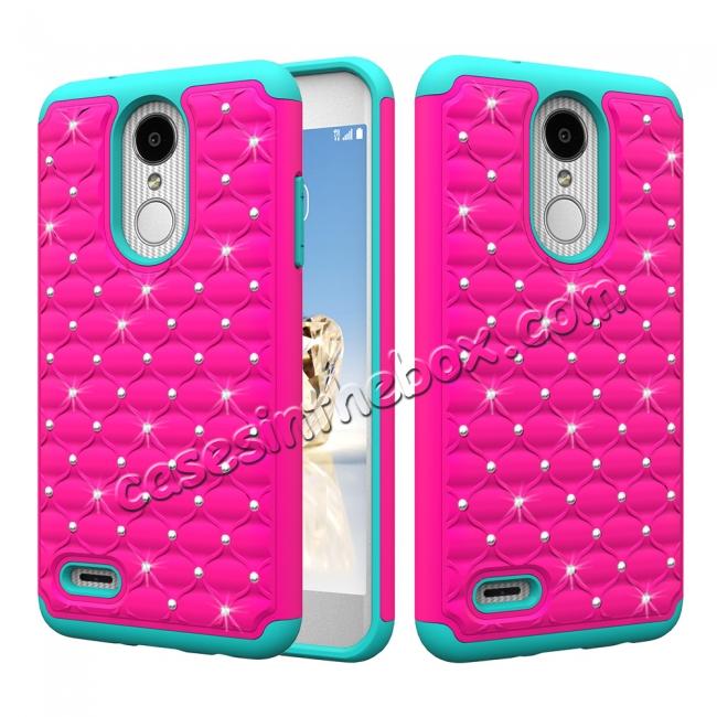 Cute Girls Women Bling Glitter Hybrid Full Body Phone Case Cover For LG Tribute Dynasty / Aristo 2 - Rose&Teal