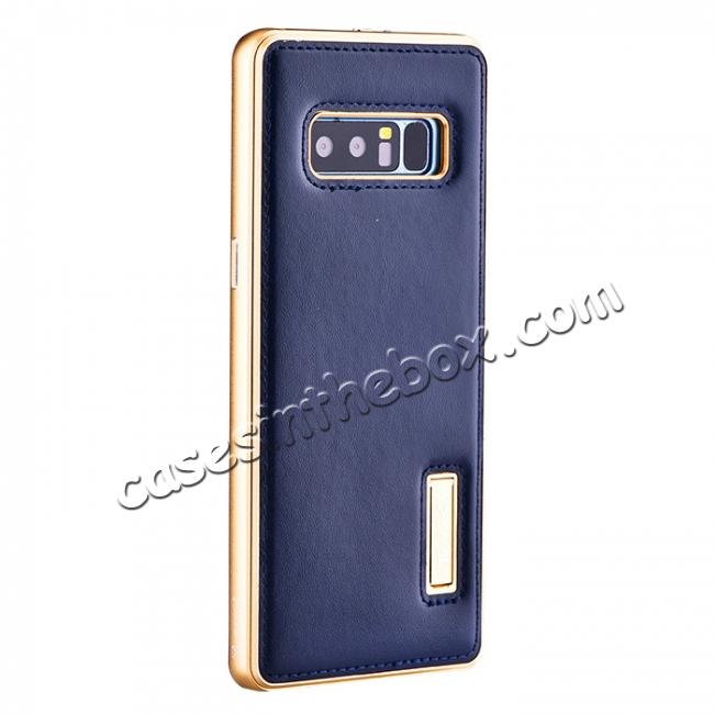 Aluminum Metal Bumper Genuine Leather Kickstand Case for Samsung Galaxy Note 8 - Gold&Dark Blue