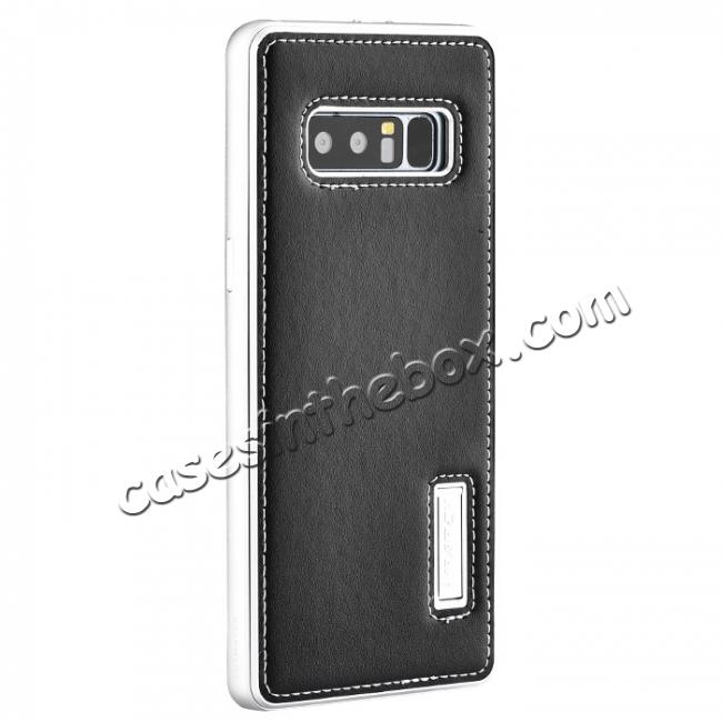 Aluminum Metal Bumper Genuine Leather Kickstand Case for Samsung Galaxy Note 8 - Silver&Black