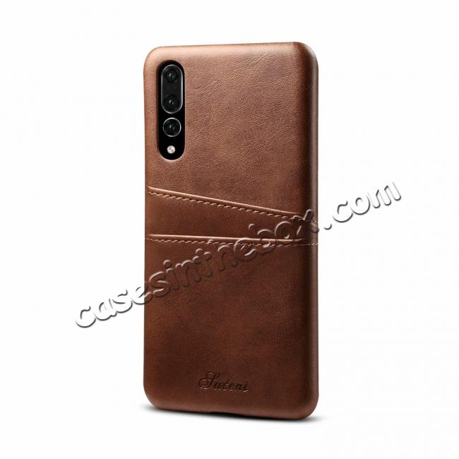 Cow Leather Case Wallet Card Holder Back Cover For Huawei P20 - Dark Brown