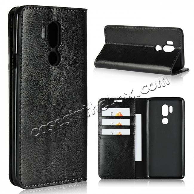 For LG G7 Crazy Horse Genuine Leather Case Flip Stand Card Slot - Black