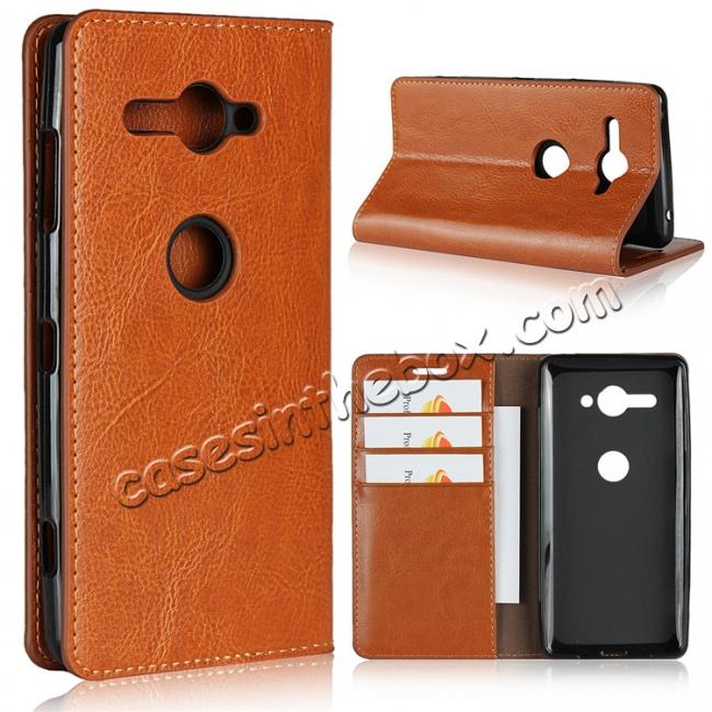 For Sony Xperia XZ2 Compact Crazy Horse Genuine Leather Case Flip Stand Card Slot - Brown