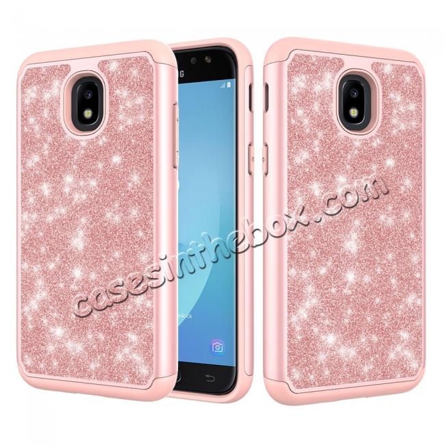 Fashion Glitter Bling Hybrid Dual Layer Protective Phone Cover Case For Samsung Galaxy J7 (2018) - Rose gold