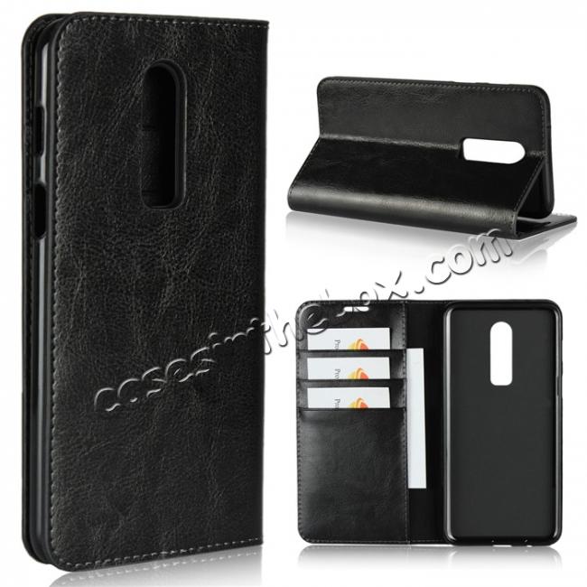 For OnePlus 6 Crazy Horse Genuine Leather Case Flip Stand Card Slot - Black