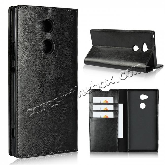 For Sony Xperia XA2 Ultra Crazy Horse Genuine Leather Case Flip Stand Card Slot - Black