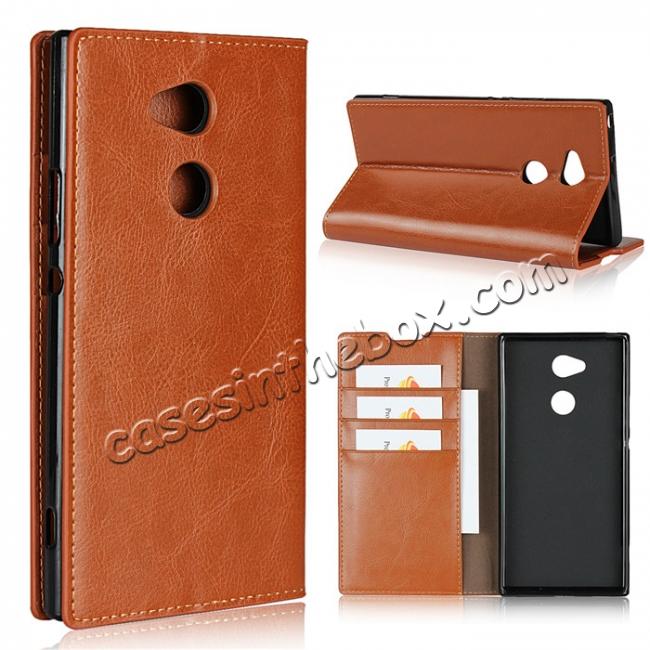 For Sony Xperia XA2 Ultra Crazy Horse Genuine Leather Case Flip Stand Card Slot - Brown