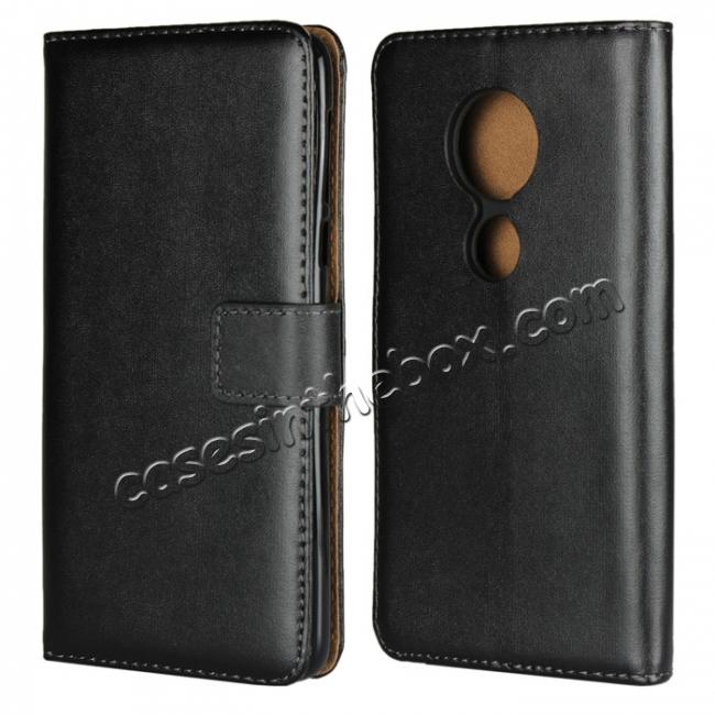 Genuine Leather Stand Wallet Case for Motorola Moto E5 Plus with Card Slots&holder - Black