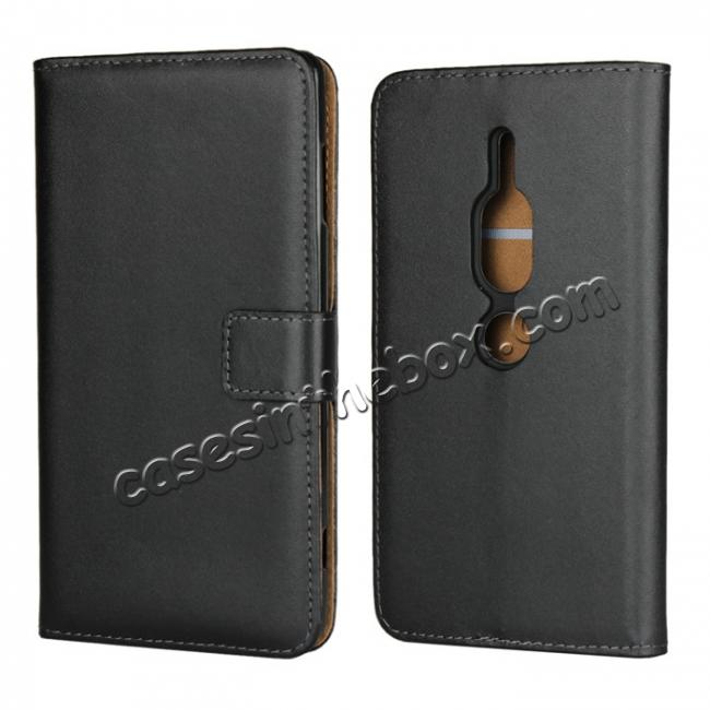 Genuine Leather Stand Wallet Case for Sony Xperia XZ2 Premium with Card Slots&holder - Black