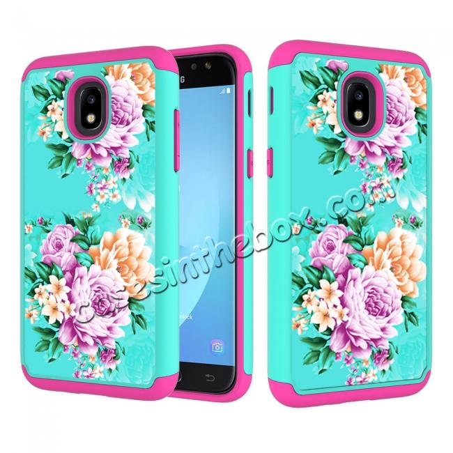 Patterned Hybrid Dual Layer Shockproof Protective Case For Samsung Galaxy J3 (2018) - Teal&Hot pink