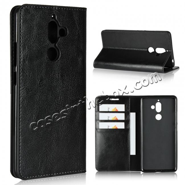 For Nokia 7 Plus Luxury Crazy Horse Genuine Leather Case Flip Stand Card Slot - Black