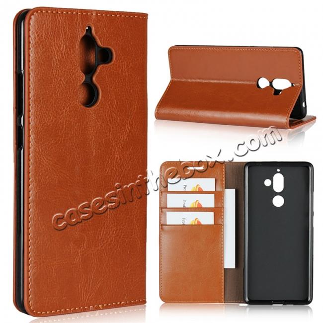 For Nokia 7 Plus Luxury Crazy Horse Genuine Leather Case Flip Stand Card Slot - Brown