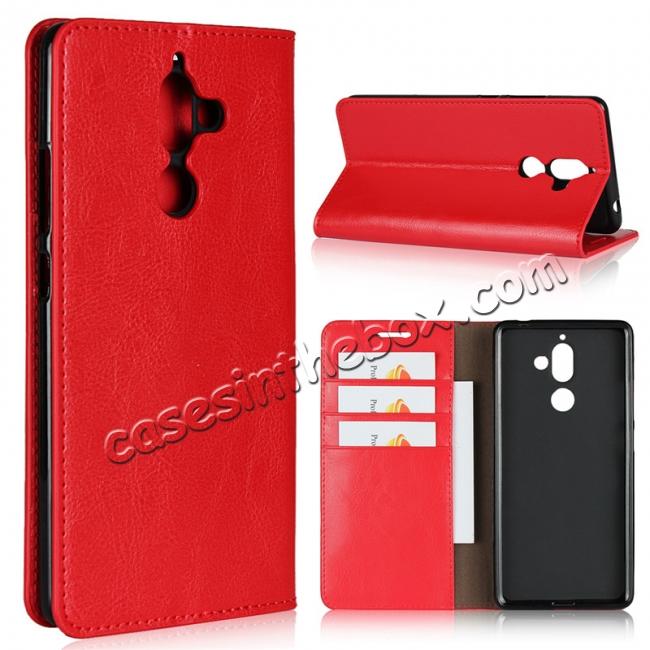 For Nokia 7 Plus Luxury Crazy Horse Genuine Leather Case Flip Stand Card Slot - Red