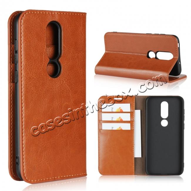 For Nokia X6 Luxury Crazy Horse Genuine Leather Case Flip Stand Card Slot - Brown