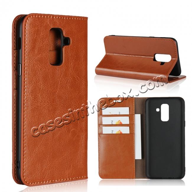 For Samsung Galaxy A6+ (2018) Premium Crazy Horse Genuine Leather Case Flip Stand Card Slot - Brown