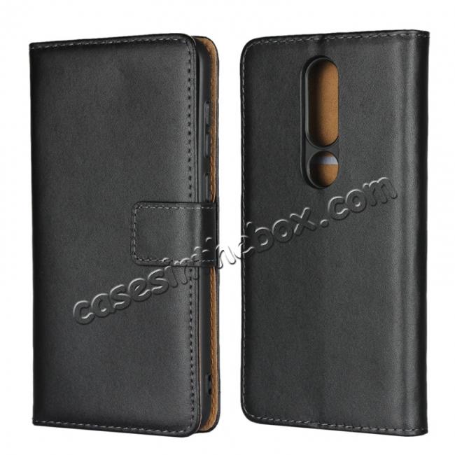 Genuine Leather Stand Wallet Case for Nokia X6 (2018) with Card Slots&holder - Black