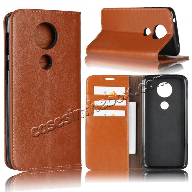 For Motorola Moto E5 Plus Crazy Horse Genuine Leather Case Flip Stand Card Slot - Brown