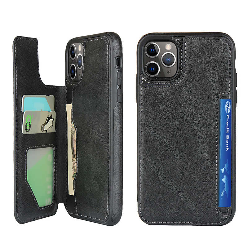 For Iphone 11 Pro Max Leather Flip Wallet Card Holder Case Cover Black